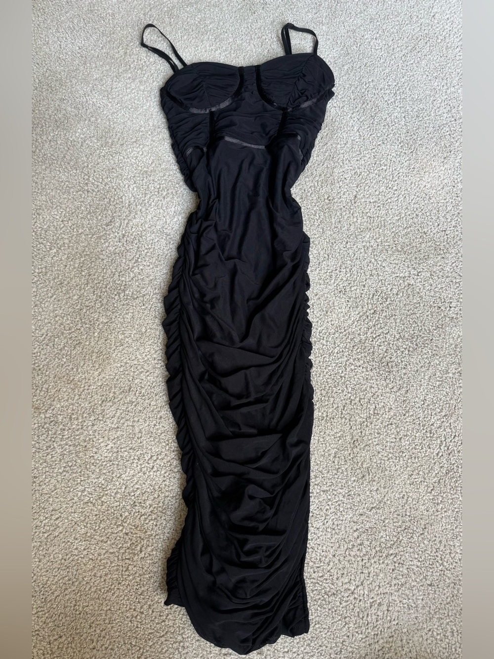 Fashion Nova Black Ruched Maxi Dress with Spaghetti Straps